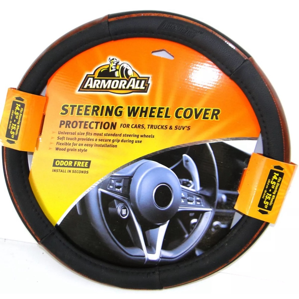 Armor All Premium Sport Steering Wheel Cover Padded BLACK & Faux Wood 14.5-15.5"